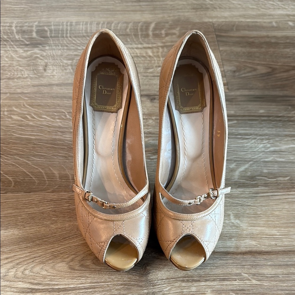 Dior Tan Peep-Toe Stiletto Heels with Embellished Strap